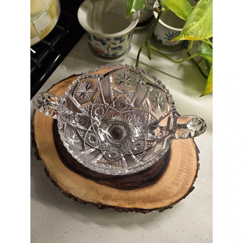 Vintage Pressed Glass‎ Pedestal Candy Dish Bowl Double Handle Cut Star Pattern